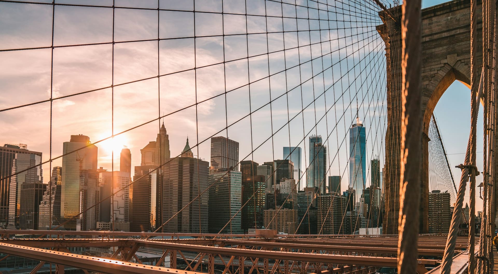 Manhattan seen through the cables of the Brooklyn Bridge, New York
